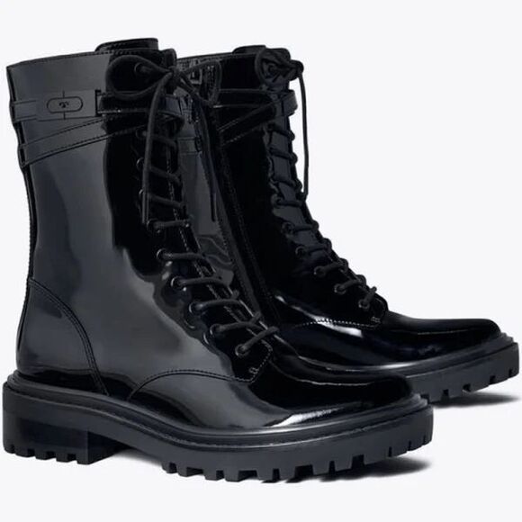 Tory Burch Women's Patent Leather Lace Up T-Hardware Combat Boots Black Size 9 - Picture 1 of 9